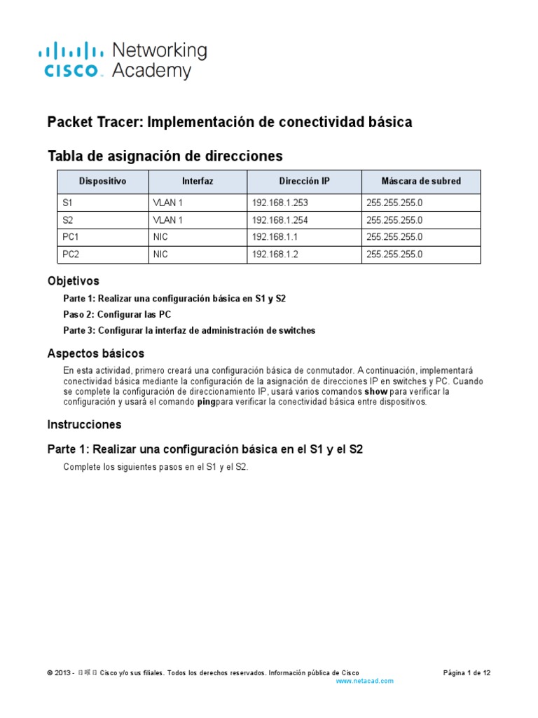 2 7 6 packet tracer implement basic connectivity pdf direcci n ip