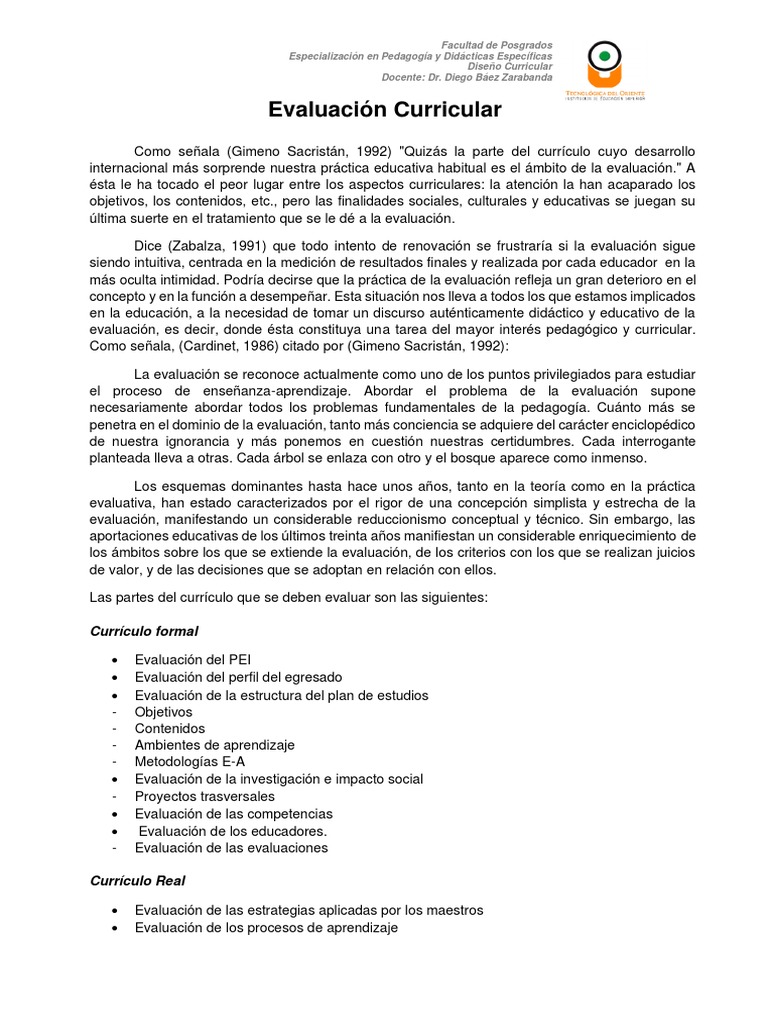 Evaluación Curricular en Pedagogía | PDF | Plan de estudios | Evaluación