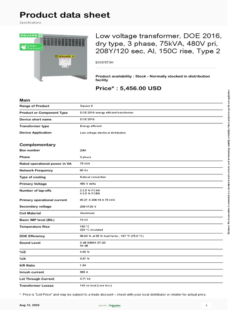 Low Voltage Distribution Transformers - Three Phase - EXN75T3H | PDF
