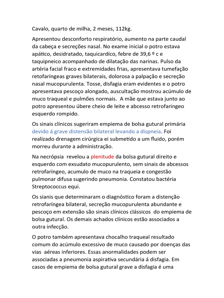 Resumo Empiema de Bolsa Gutural PDF Cavalos Pneumonia