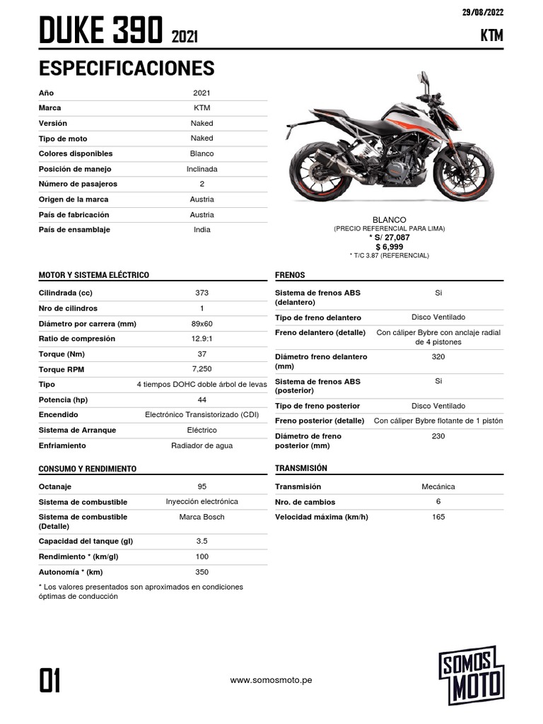 Ficha Técnica KTM Duke 390 2021 | PDF | Inyección de combustible ...
