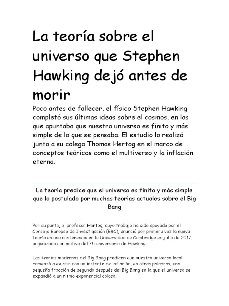 La Teoría Sobre El Universo Que Stephen Hawking Dejó Antes de Morir | PDF