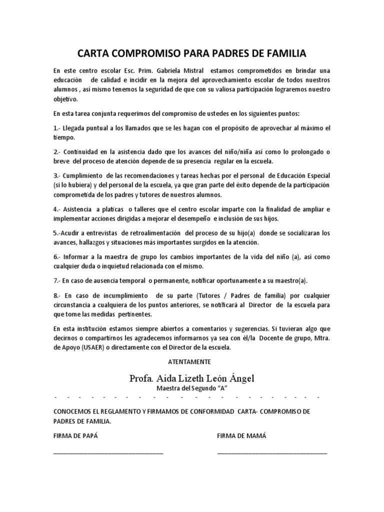 Carta Compromiso para Padres de Familia | PDF | Crecimiento personal y ...