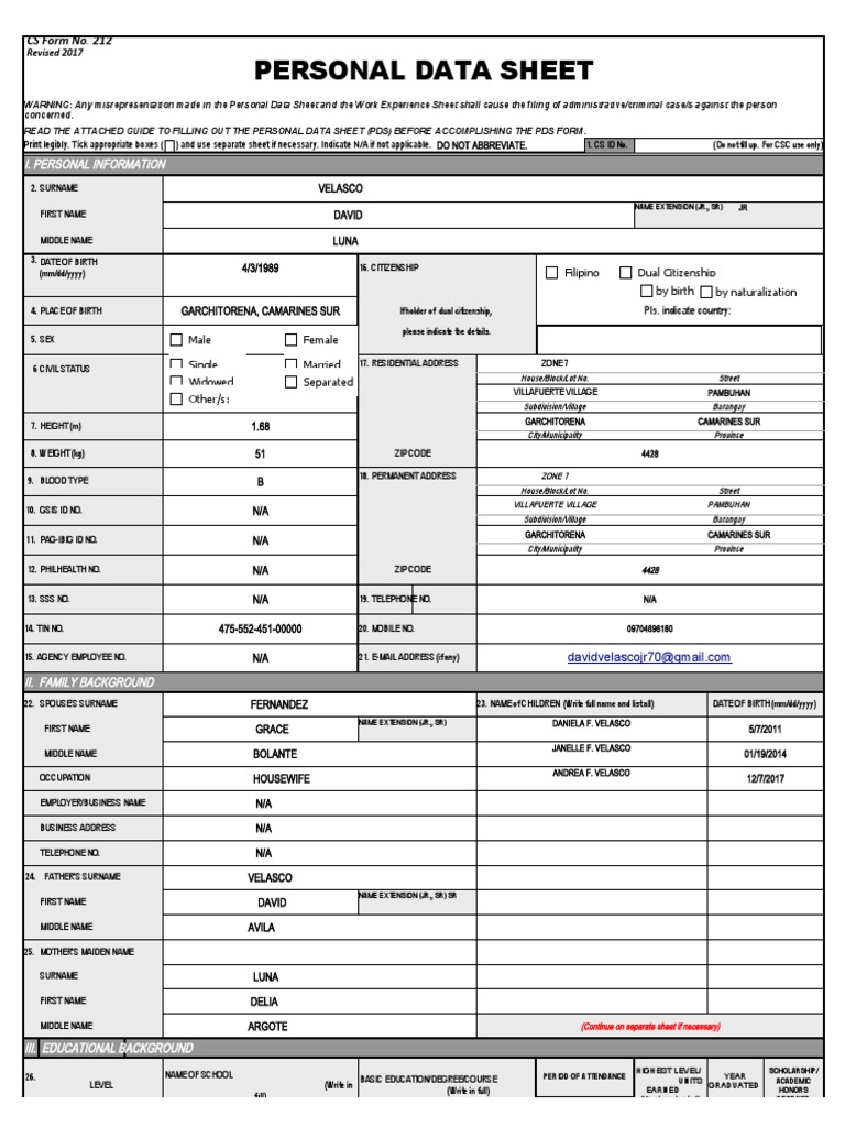 PDS CS Form No. 212 Revised Personal Data Sheet New PDF Social