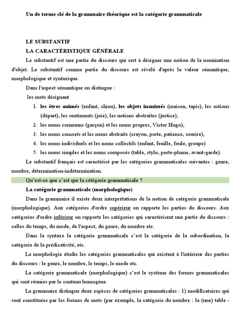 Définition et caractéristiques du substantif | PDF | Genre grammatical ...