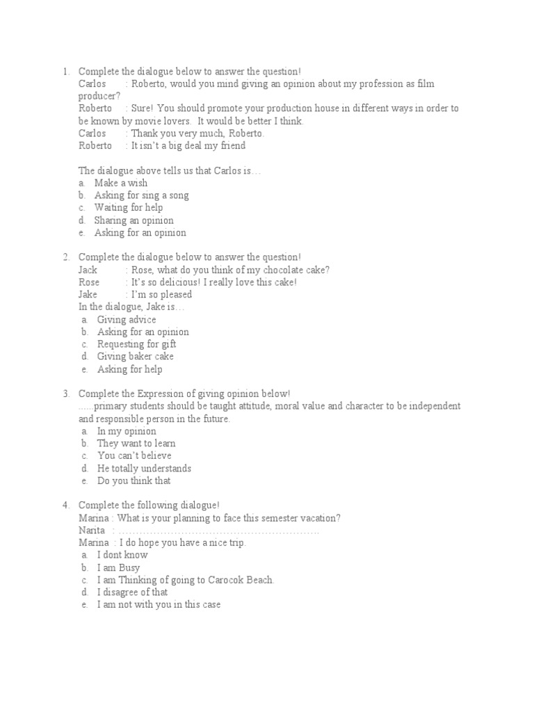 Dialogue Practice: Asking Opinions | PDF | Language Arts & Discipline