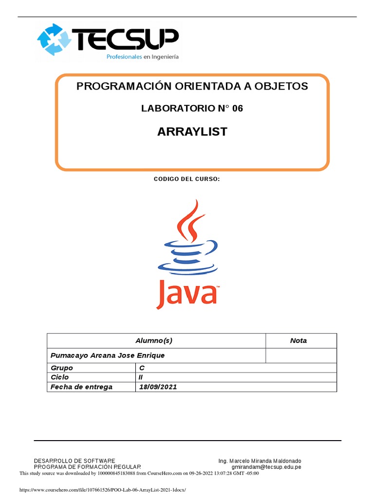 POO Lab 06 ArrayList 2021 1 | Descargar gratis PDF | Java (lenguaje de ...