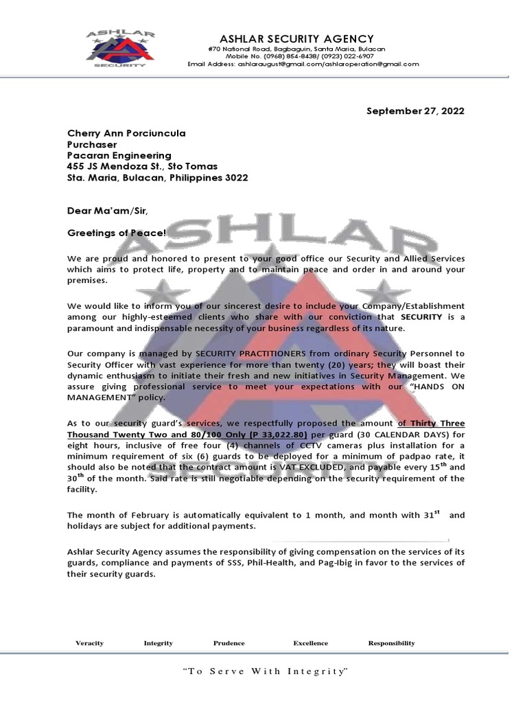 Ashlar Security Agency Proposal | PDF | Security Guard | Integrity