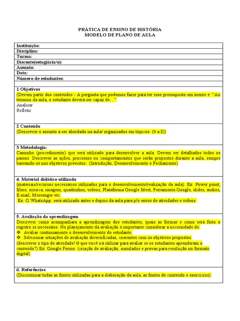 MODELO PLANO DE AULA PRÁTICA DE ENSINO DE HISTÓRIA 2020.1e | PDF