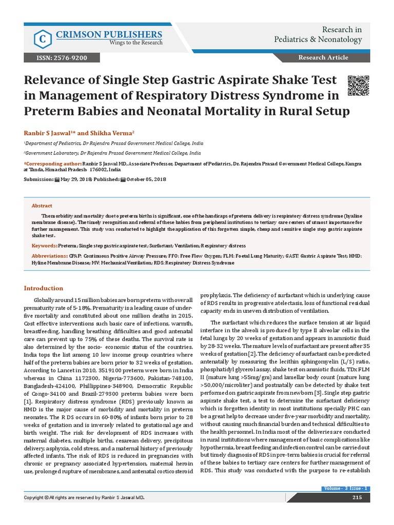 Relevance of Single Step Gastric Aspirate Shake Test in Management of