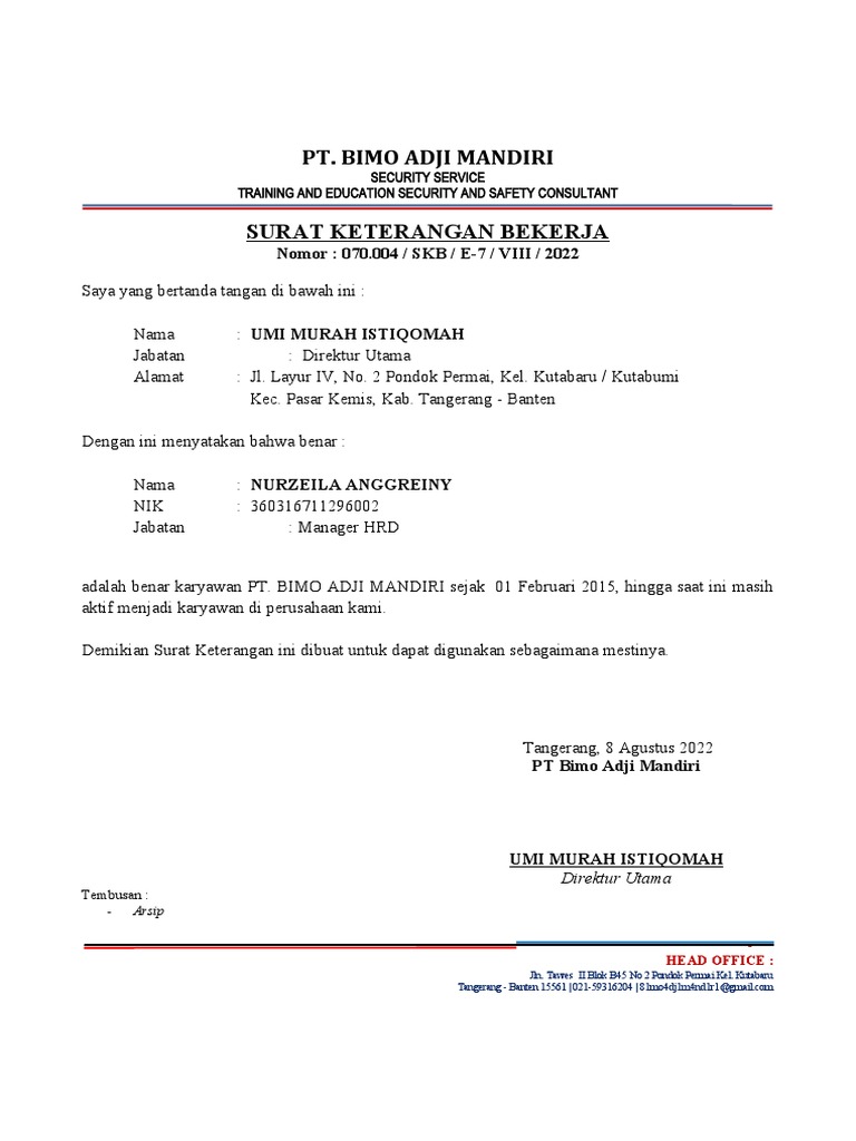 Surat Keterangan Bekerja 2019 | PDF