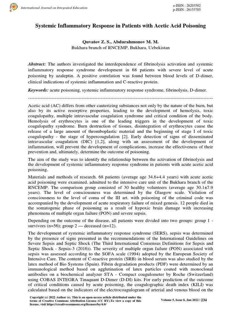 Systemic Inflammatory Response in Patients With Acetic Acid Poisoning PDF Inflammation Sepsis