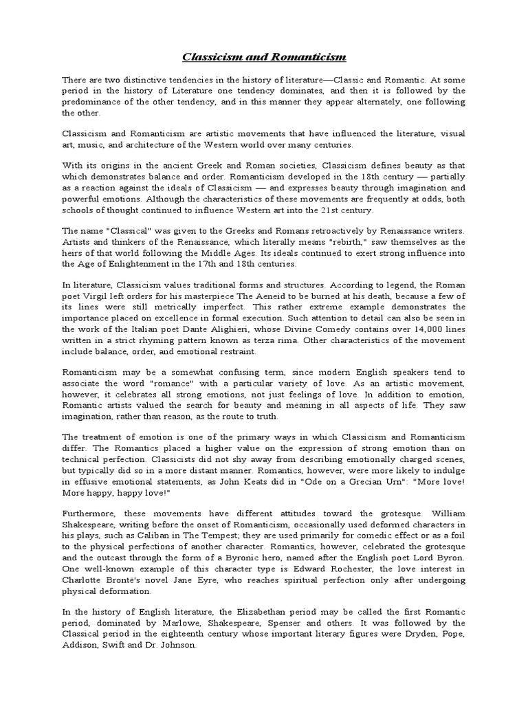 Classicism Neo Classicism Romanticism Pdf Postmodern Literature