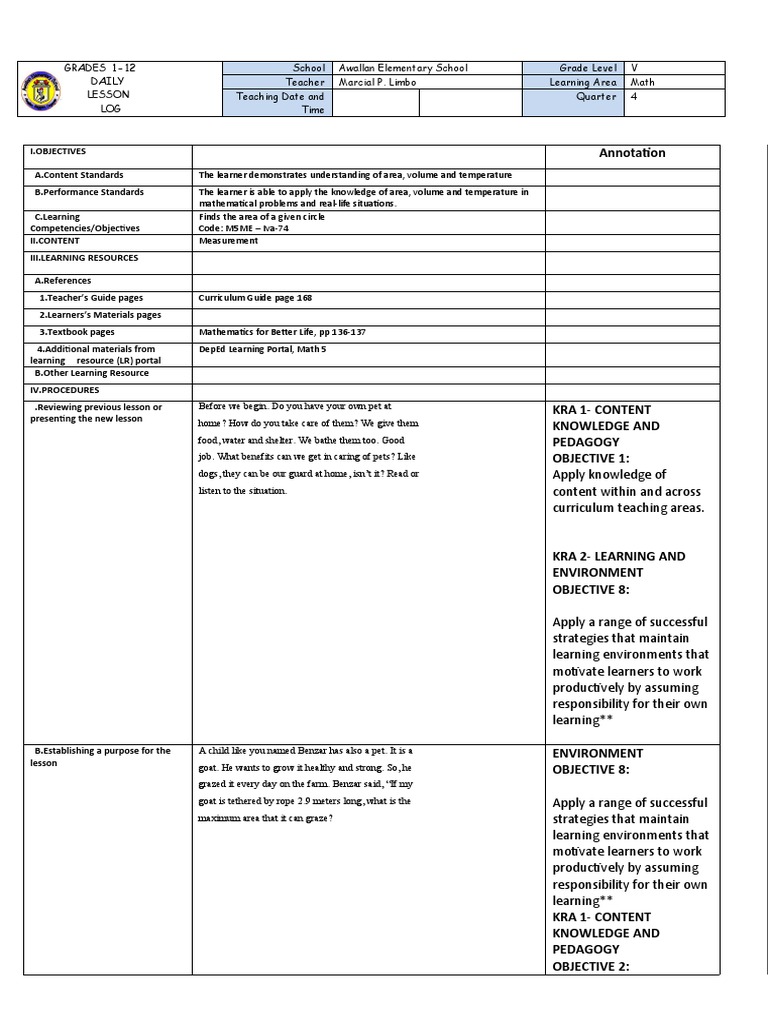 Lesson Plan Area of A Circle 1 | PDF | Circle | Learning