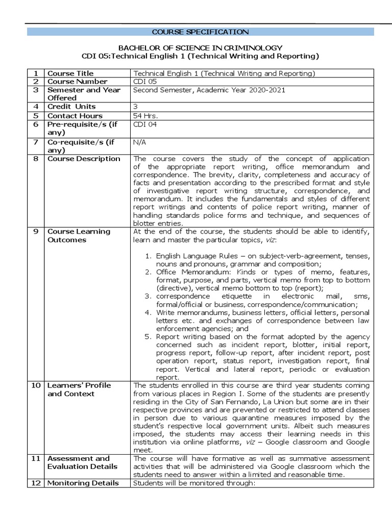 Technical Writing and Reporting - Specifications | PDF | Memorandum ...