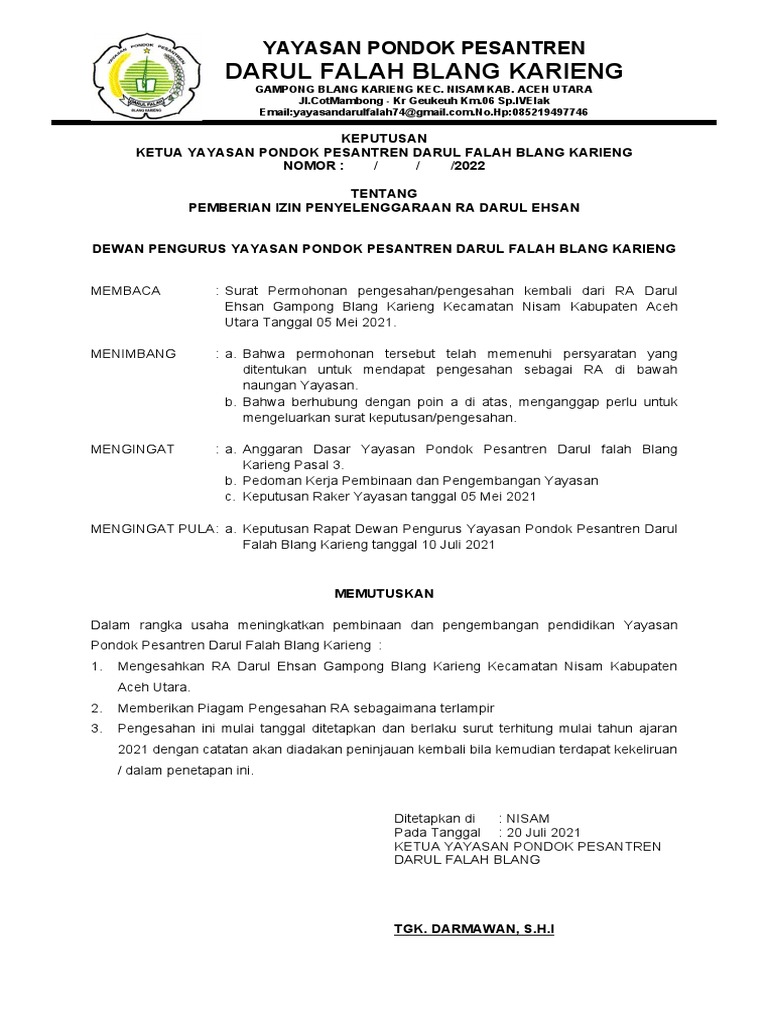 Izin Penyelenggaraan RA Darul Ehsan | PDF