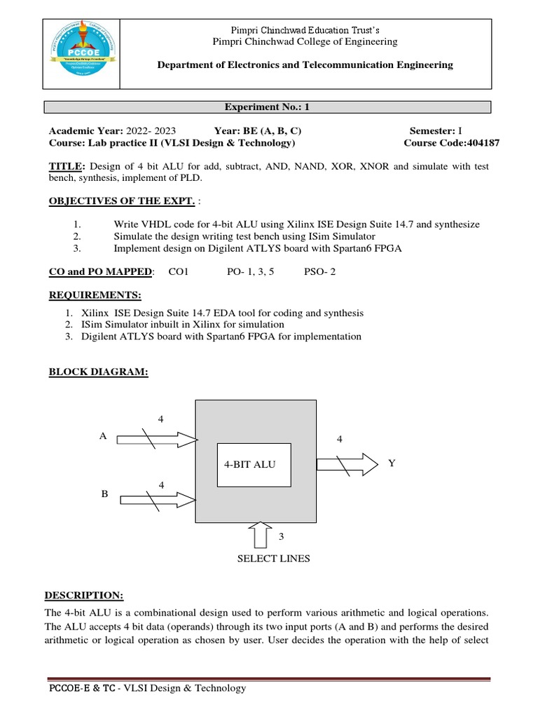 Lab ManualExp 1 ALU Design 202223 PDF Vhdl Logic Synthesis