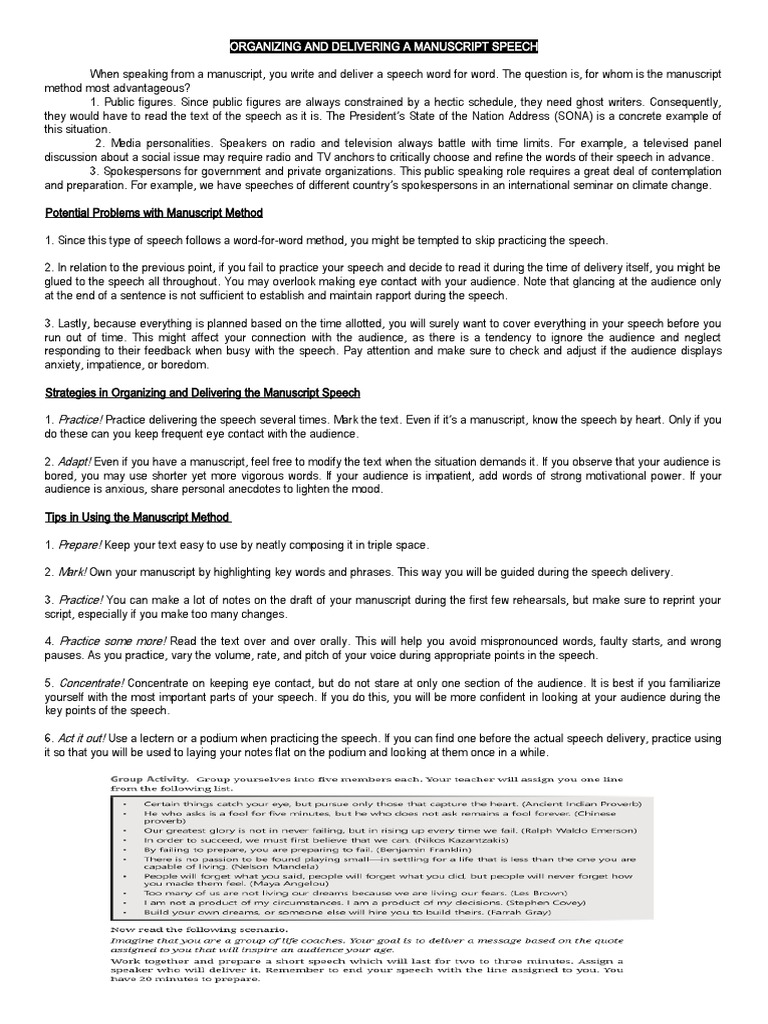 Organizing And Delivering A Manuscript Speech Pdf Human