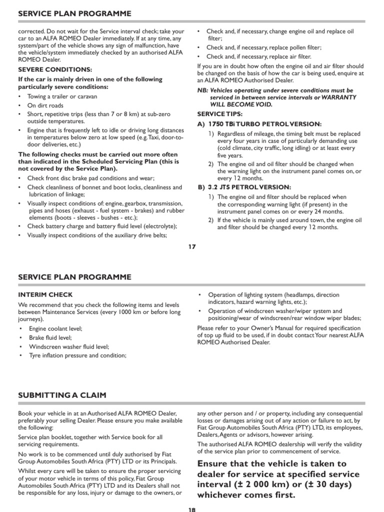 Alfa - 159 - Service Schedule | PDF | Fuel Injection | Vehicles