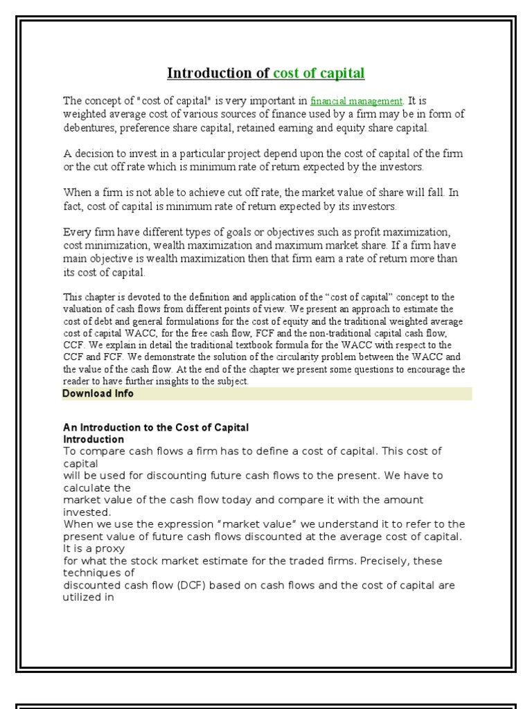 Introduction of Cost of Capital PDF Cost Of Capital Financial Capital