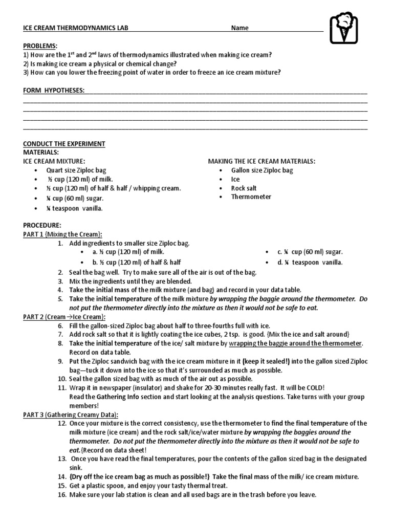 Ice Cream Thermodynamics Lab PDF Heat Temperature