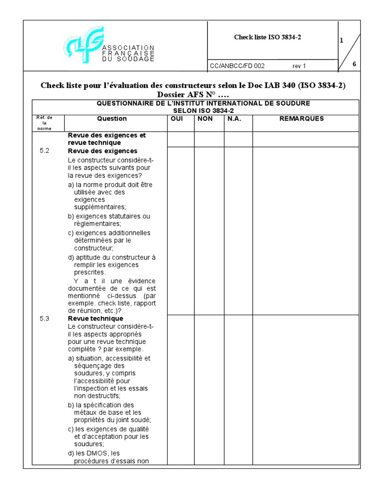 Checklist ISO 3834-2 pour Soudage | PDF | Soudage | Construction