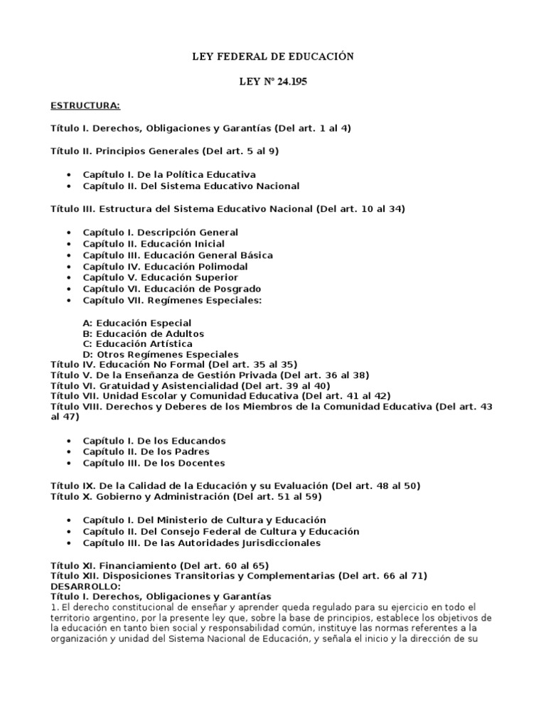 Ley Federal de Educación N° 24.195 | PDF | Federación | Jardín de infancia