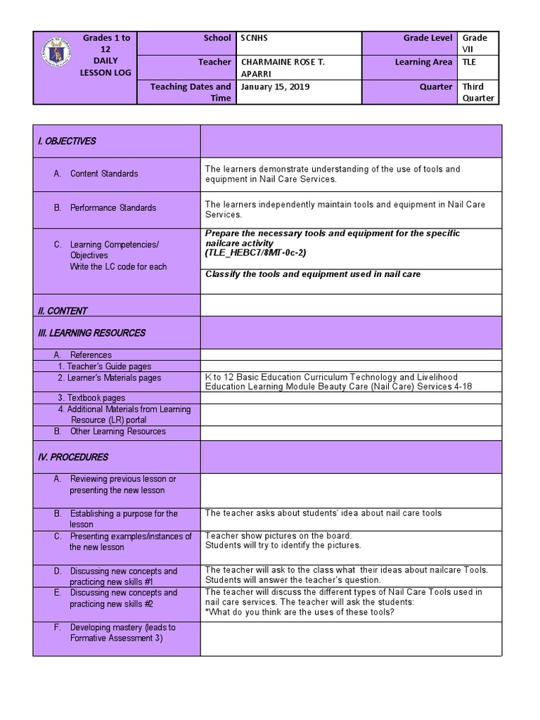 DLL Classify the tools and equipment used in nail care PDF Teachers