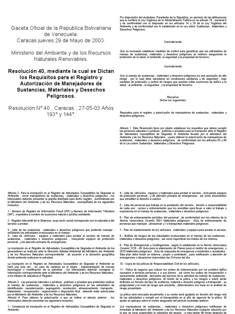 Resolución 40 Desechos Peligrosos | PDF | Mercancías peligrosas | Residuos