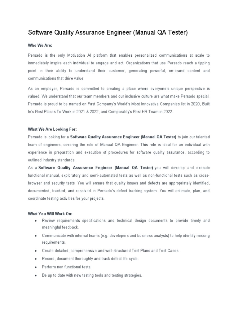 Software Quality Assurance Engineer (Manual QA Tester) Job