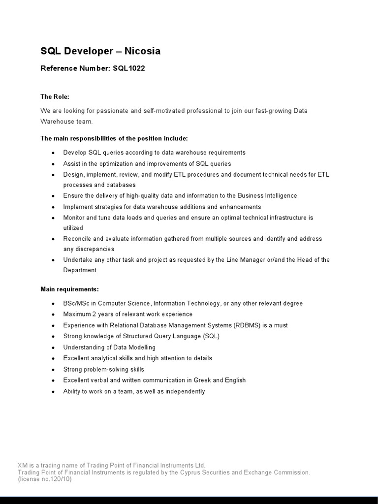 Job Description SQL Developer Final | PDF | Sql | Databases