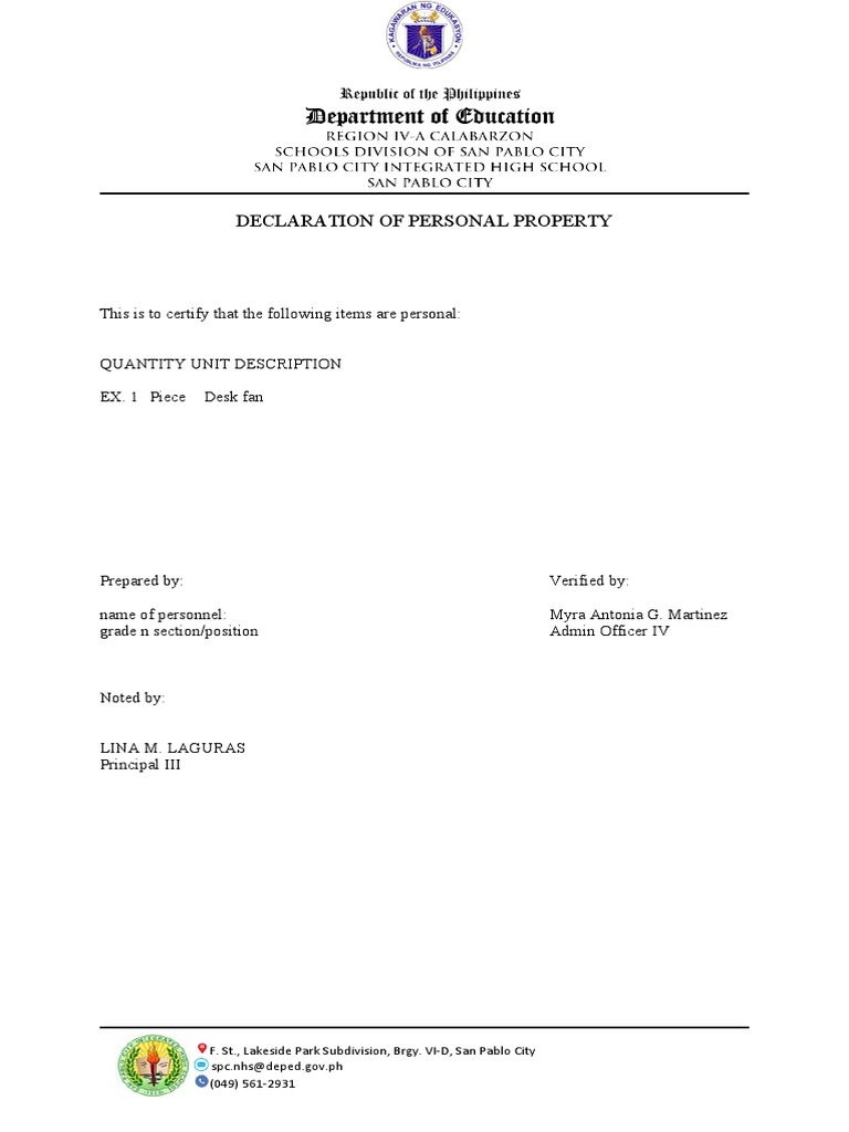 SPCIHS Template Personal Declaration PDF