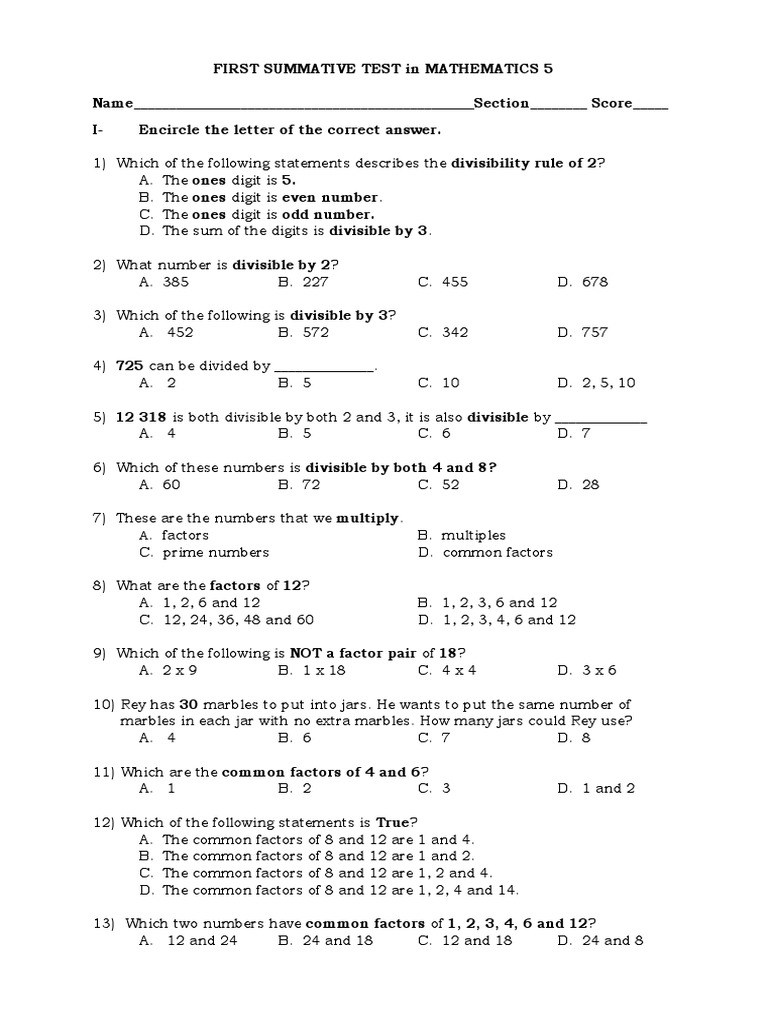 First Summative Test in Mathematics 5 | PDF | Discrete Mathematics ...