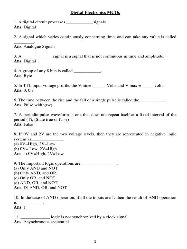 Digital Electronics MCQs PDF Digital Signal Binary Coded Decimal