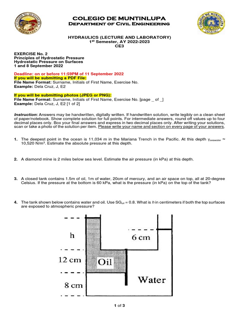 Hydraulics Exercise 2 PDF Pressure Stress (Mechanics)