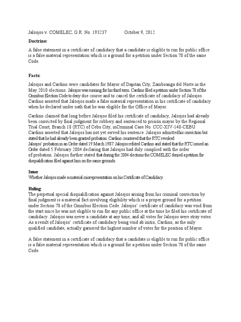 Jalosjos v comelec g r no 193237 pdf legal procedure criminal law