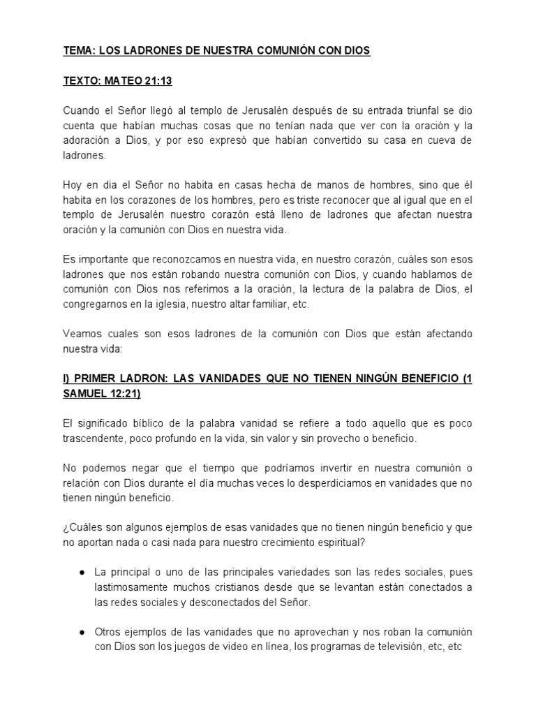 Ladrones de la Comunión con Dios | PDF | eucaristía | Oración