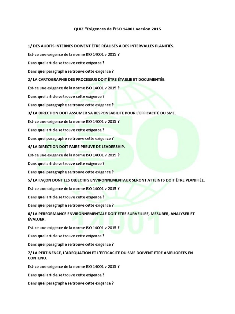 Quiz sur l'ISO 14001: Exigences 2015 | PDF | Business
