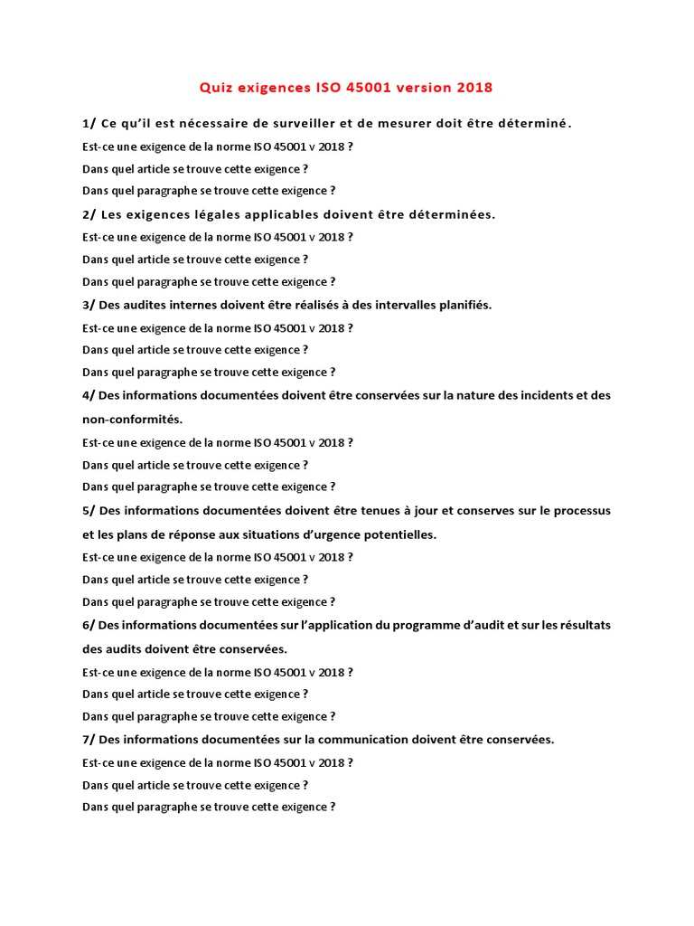 Quiz sur les exigences ISO 45001:2018 | PDF | Audit | Risque