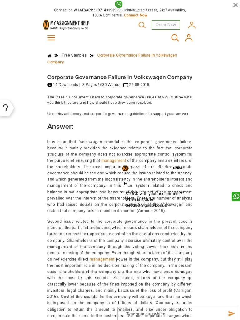 Corporate Governance Failure in Volkswagen Company-Free-Samples | PDF ...