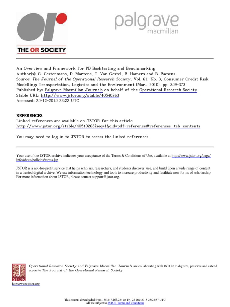 An Overview and Framework For PD Backtesting and Benchmarking | PDF ...