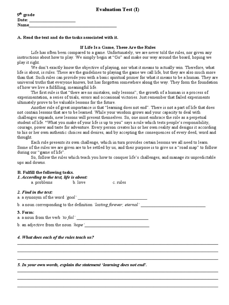 Evaluation Test Example Questions