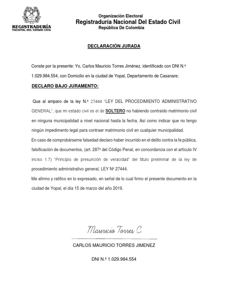 Declaraci n Jurada De Estado Civil PDF