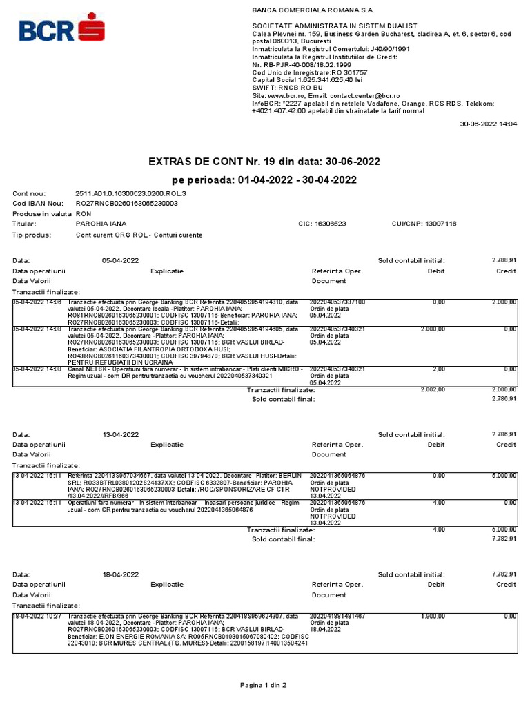 Pe Perioada: 01-04-2022 - 30-04-2022 EXTRAS DE CONT Nr. 19 Din Data: 30 ...