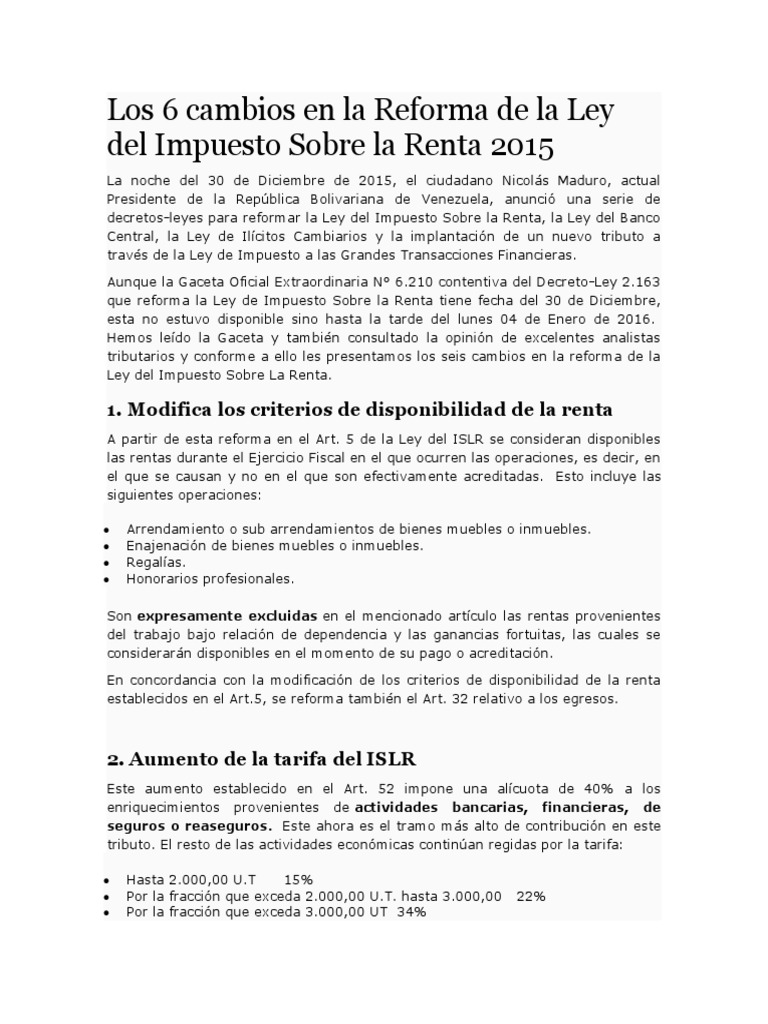 Cambios en la Reforma ISLR 2015 | PDF | Impuesto sobre la renta | Impuestos