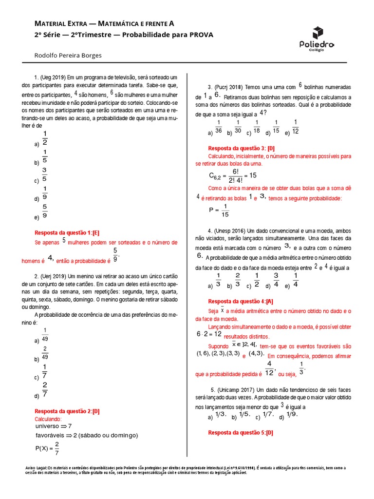 Probabilidade: Atividades e Exercícios 2º Ano | PDF | Probabilidade ...