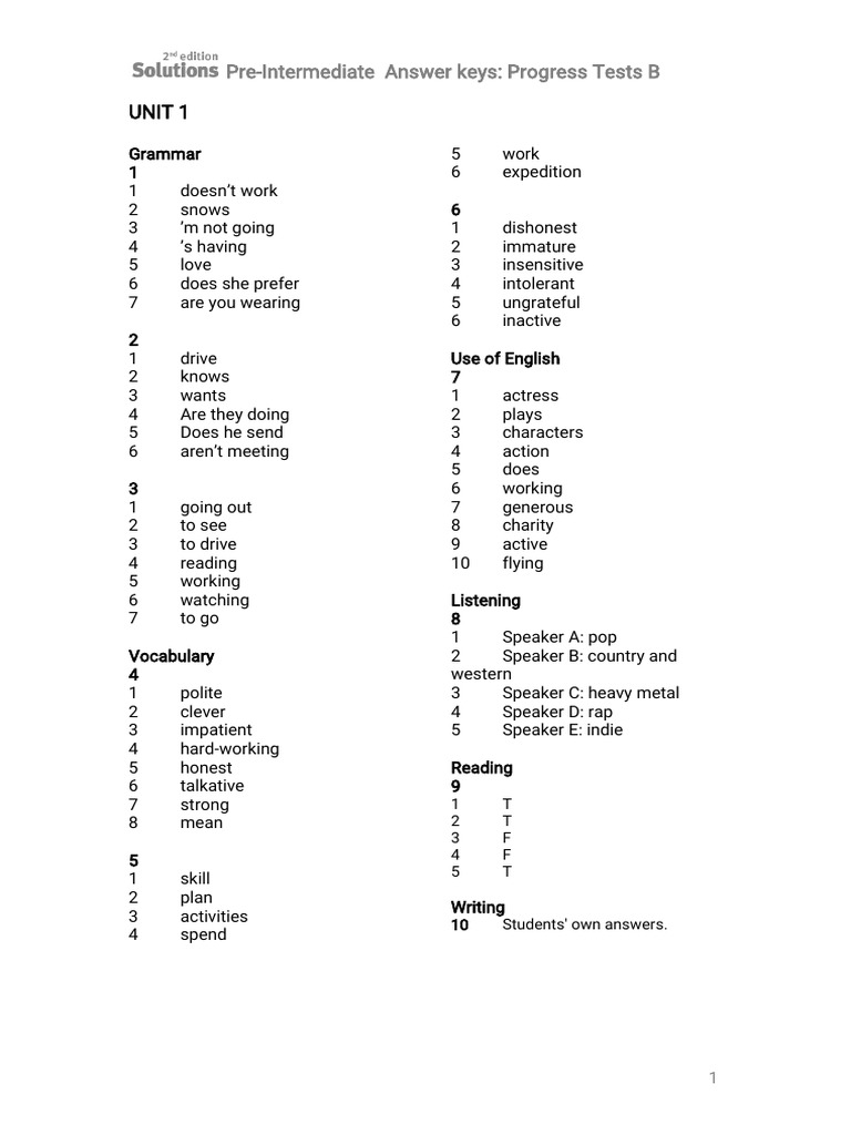 Pre-Intermediate Progress Test Answers | PDF