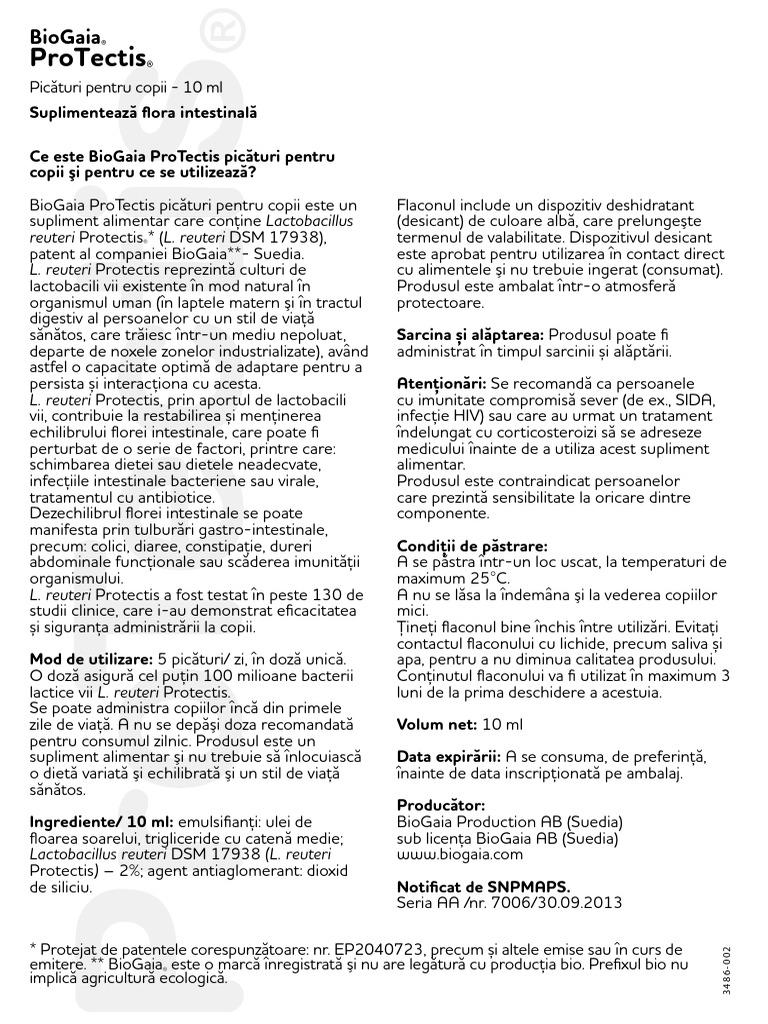 Protectis Picaturi Probiotice Pentru Copii 10 ML Biogaia 402 | PDF