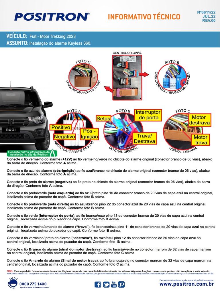 Instalação do alarme Keyless 360 no Fiat Mobi Trekking 2023 | PDF
