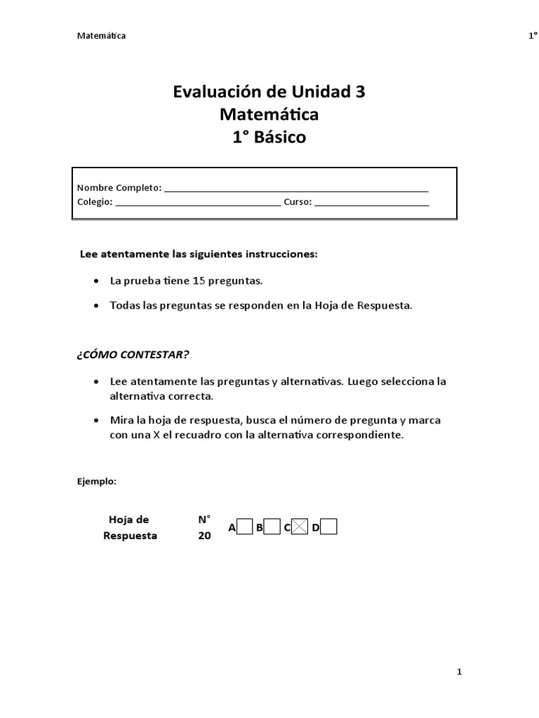 Prueba Matemáticas 1° Básico Unidad 3 | PDF